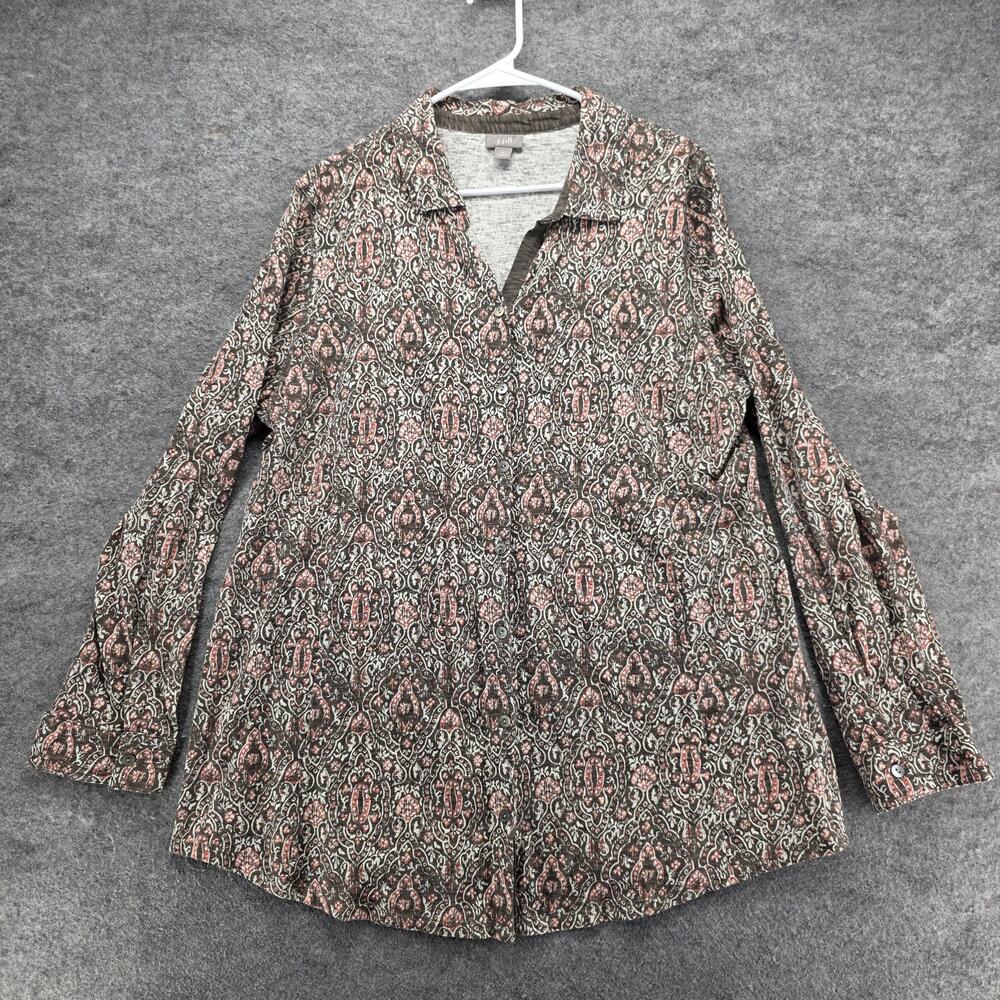 J. Jill Blouse Tunic Womens XL Brown Paisley Collared Long Sleeve Cotton